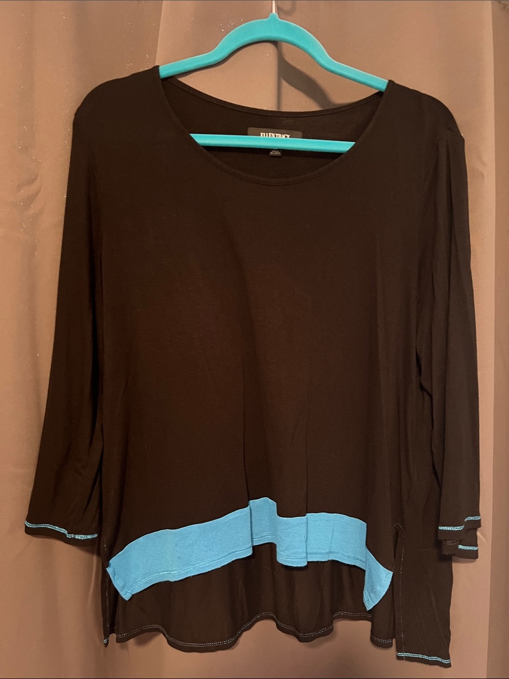 Ellen Tracy Black Long Sleeve Top with Blue Contrast Hem